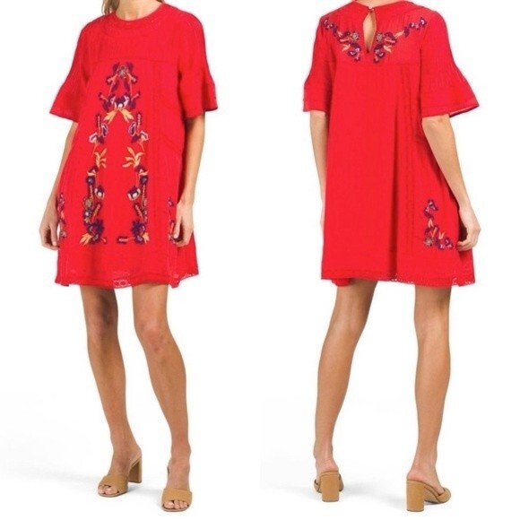 Free People 100% Cotton Perfectly Victorian Boho Embroidered Dress In Tomato S - Picture 6 of 14